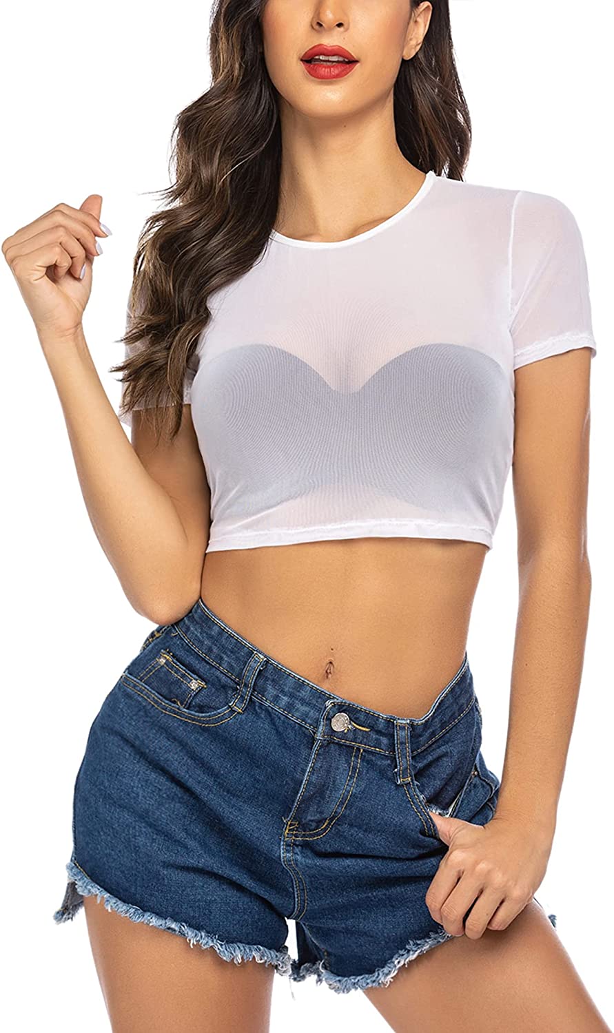 Avidlove Mesh Crop Top for Short Sleeve Bodycon Tees See Through Blouse O Neck Clubwear