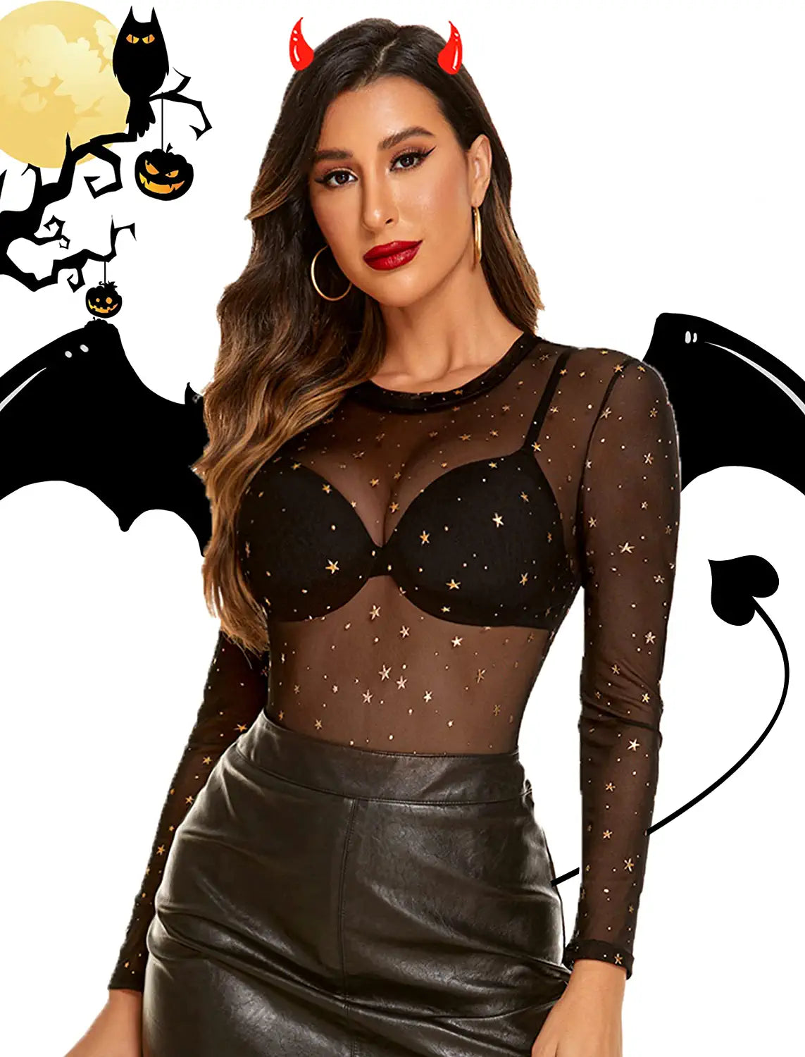 Avidlove Long Sleeve Mesh Bodysuit Round Neck Sheer Leotards Geo Print Bodysuit Top with Snap Crotch
