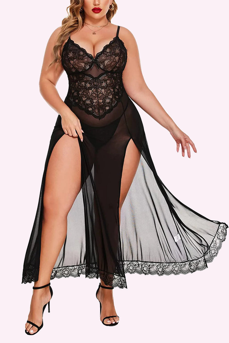 Avidlove Plus Size Lingerie For Babydoll Mesh Maxi Nightdress Strappy Exotic Sleepwear Side Slits