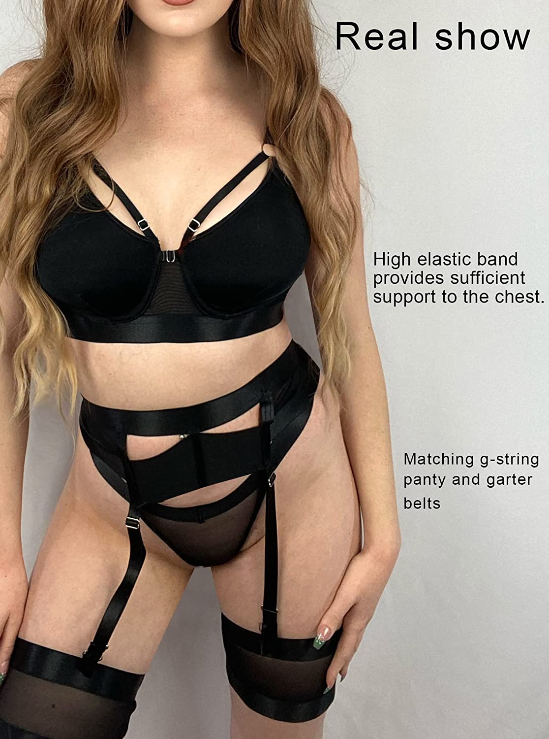 Avidlove Lingerie Set for with Underwire Strappy Lingerie Push Up 5 Piece Lingerie Set with Garter