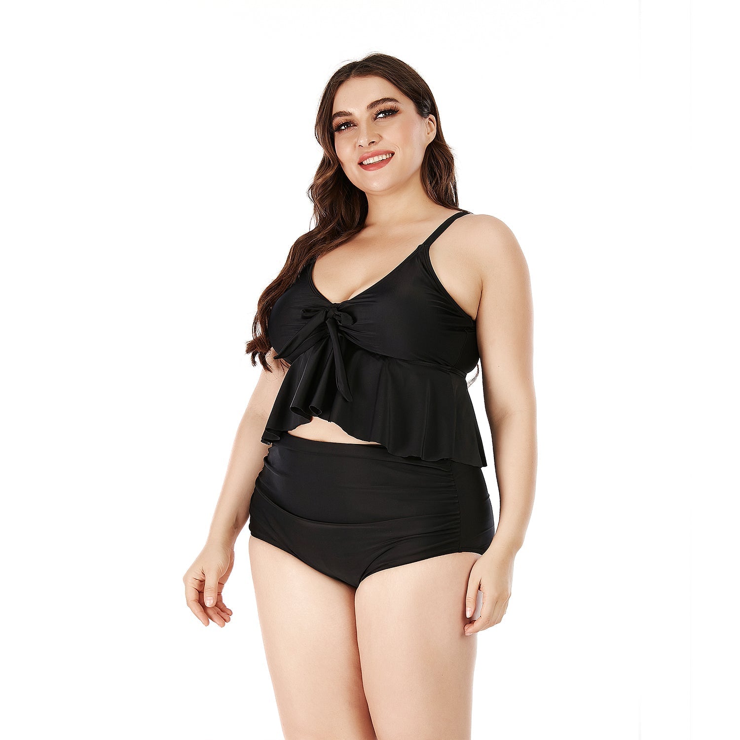 SiySiy Plus Size Two Piece Swimsuit Ruffle Plain Black Swimsuit