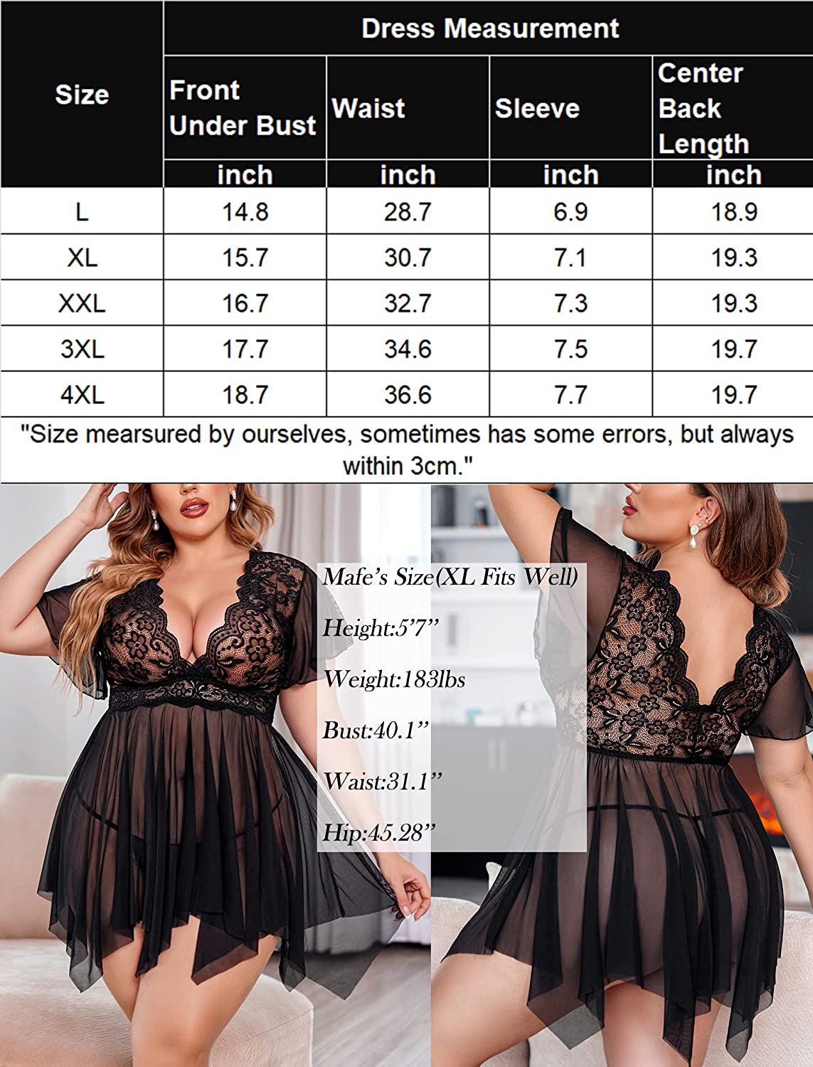 Avidlove Plus Size Babydoll Floral Lace Lingerie Deep V Nighty Mesh Sleepwear