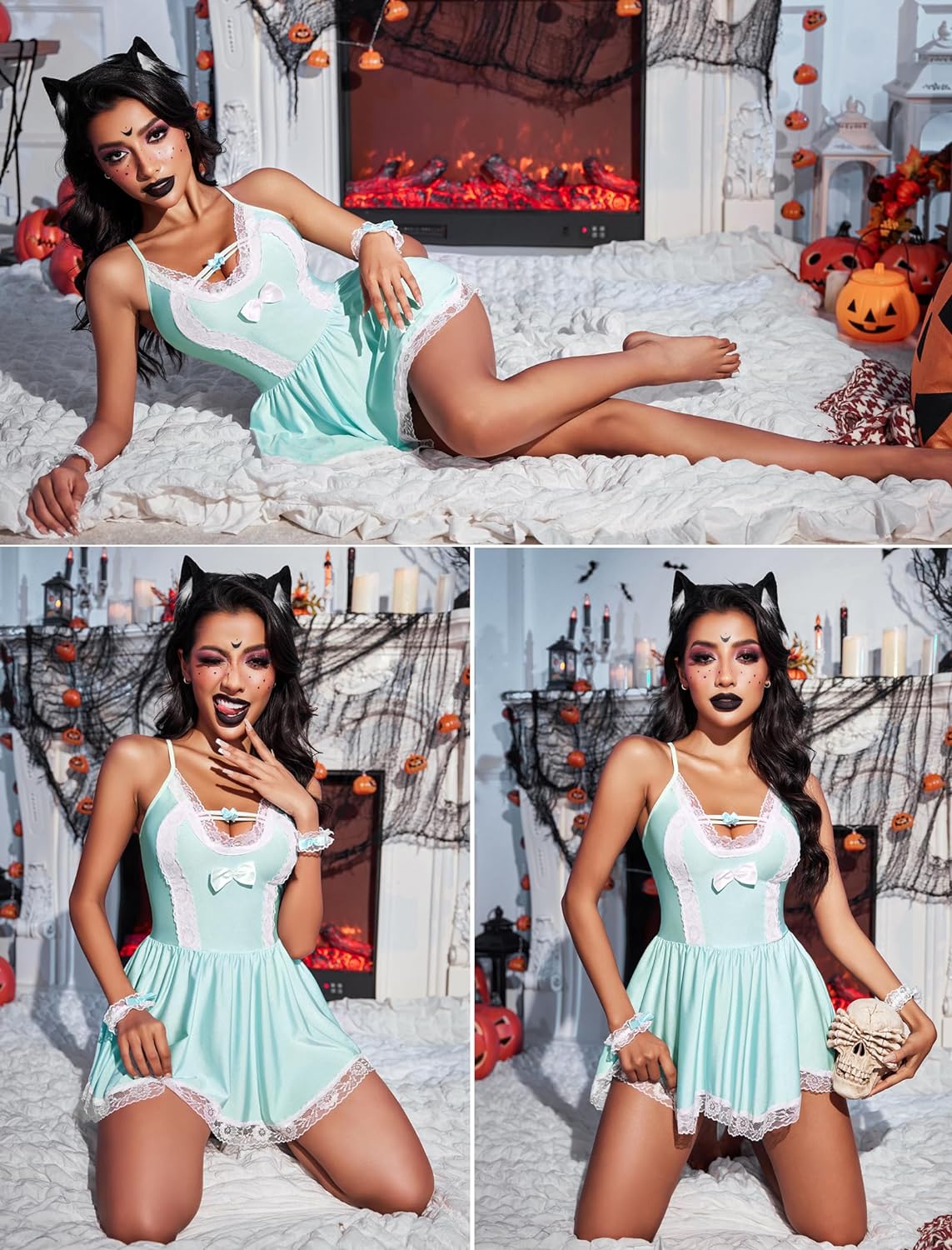 Avidlove Maid Costume Cosplay Lingerie Set Mesh Chemise Babydoll Lace Roleplay Outfit 4 Piece Strap Nightwear