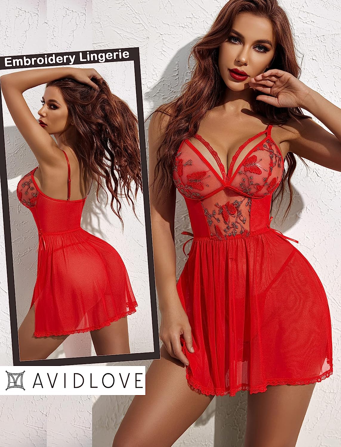 Avidlove Lingerie Lace Chemise Floral Embroidery Mesh Babydoll Side Slit Sleepwear