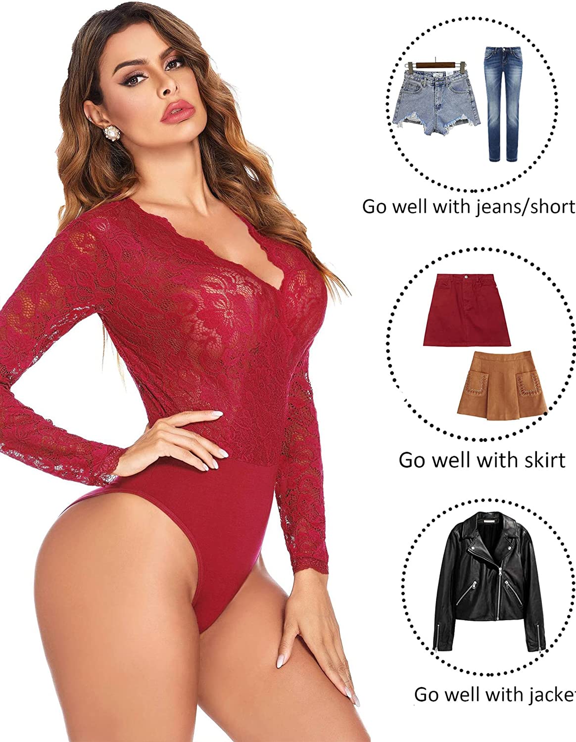 Avidlove Lace Short Sleeve Bodysuit Deep V Snap Crotch Clubwear Tops S-XXL