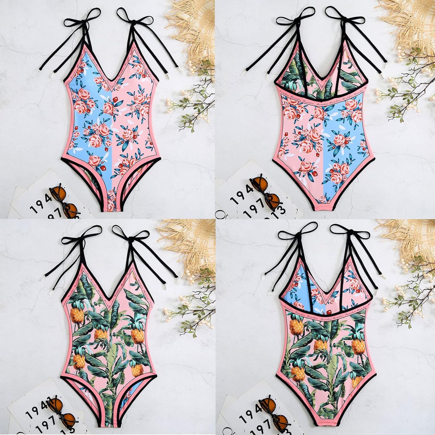 New Printed Slim Fit Reversible One-Piece Swimsuit - Pink