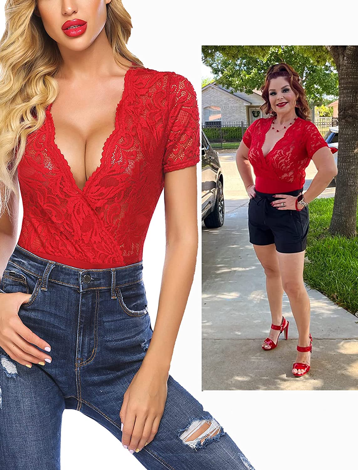 Avidlove Lace Short Sleeve Bodysuit Deep V Snap Crotch Clubwear Tops S-XXL