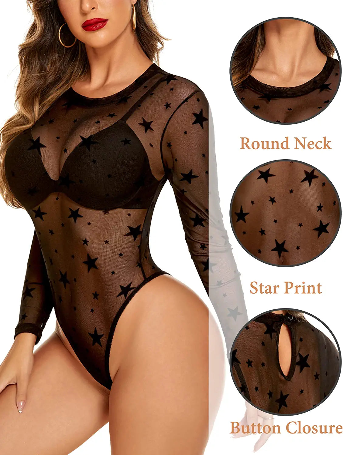 Avidlove Long Sleeve Mesh Bodysuit Round Neck Sheer Leotards Geo Print Bodysuit Top with Snap Crotch