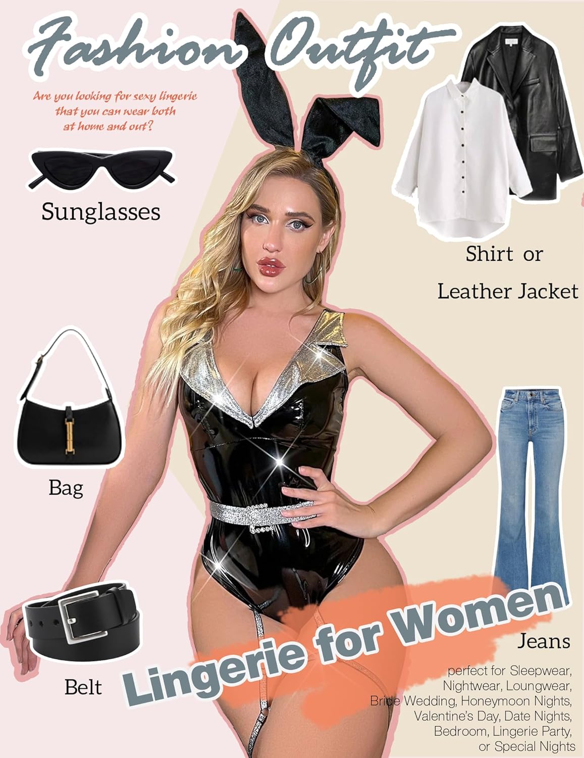 Avidlove Leather Lingerie for Snap Crotch Teddy Mini Babydoll Fashion Garter Set