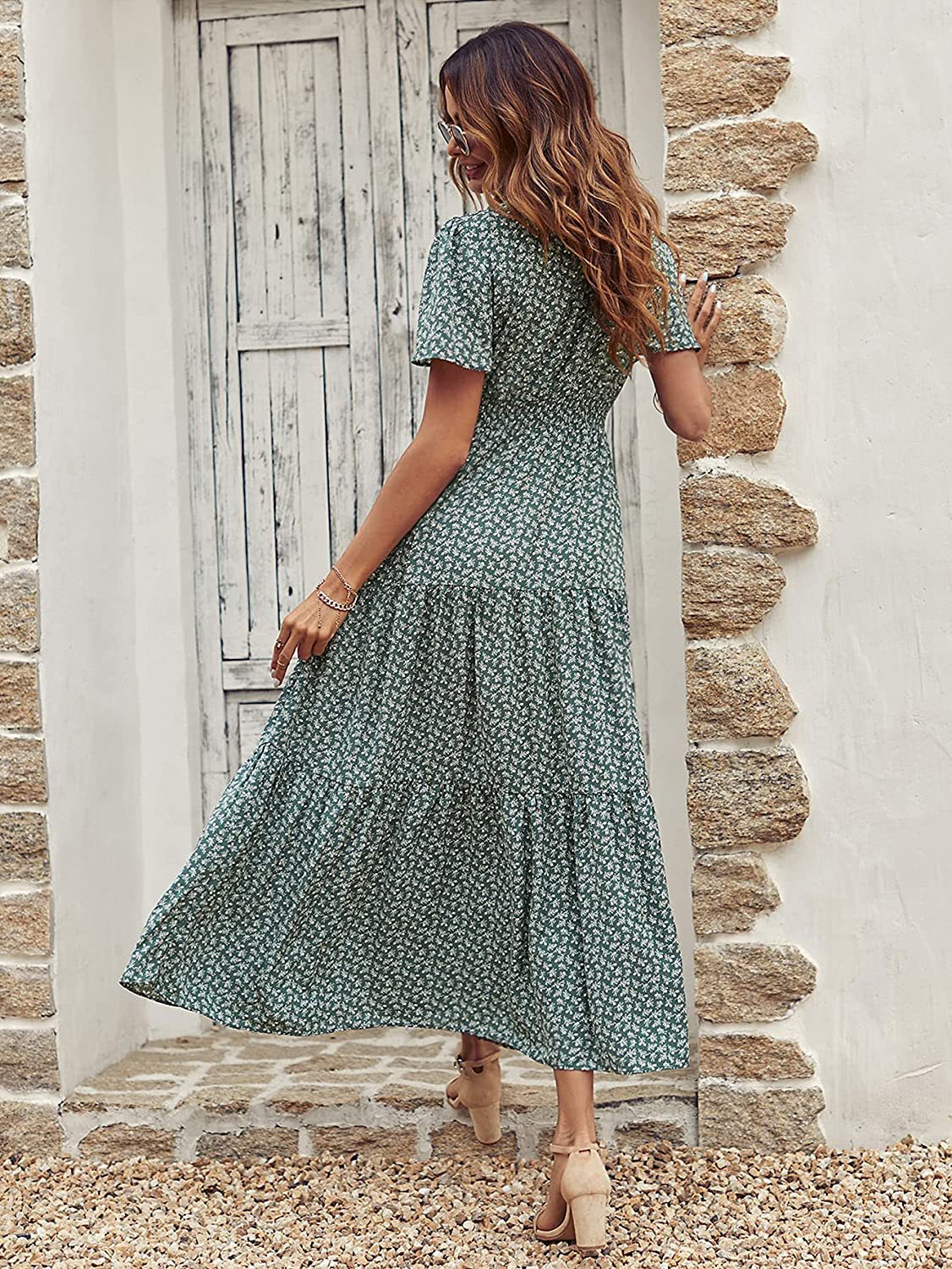 Dresses Women Casual Floral Print Dress O Neck Puff Sleeve Midi Dresses Summer Ladies Dress Vestidos