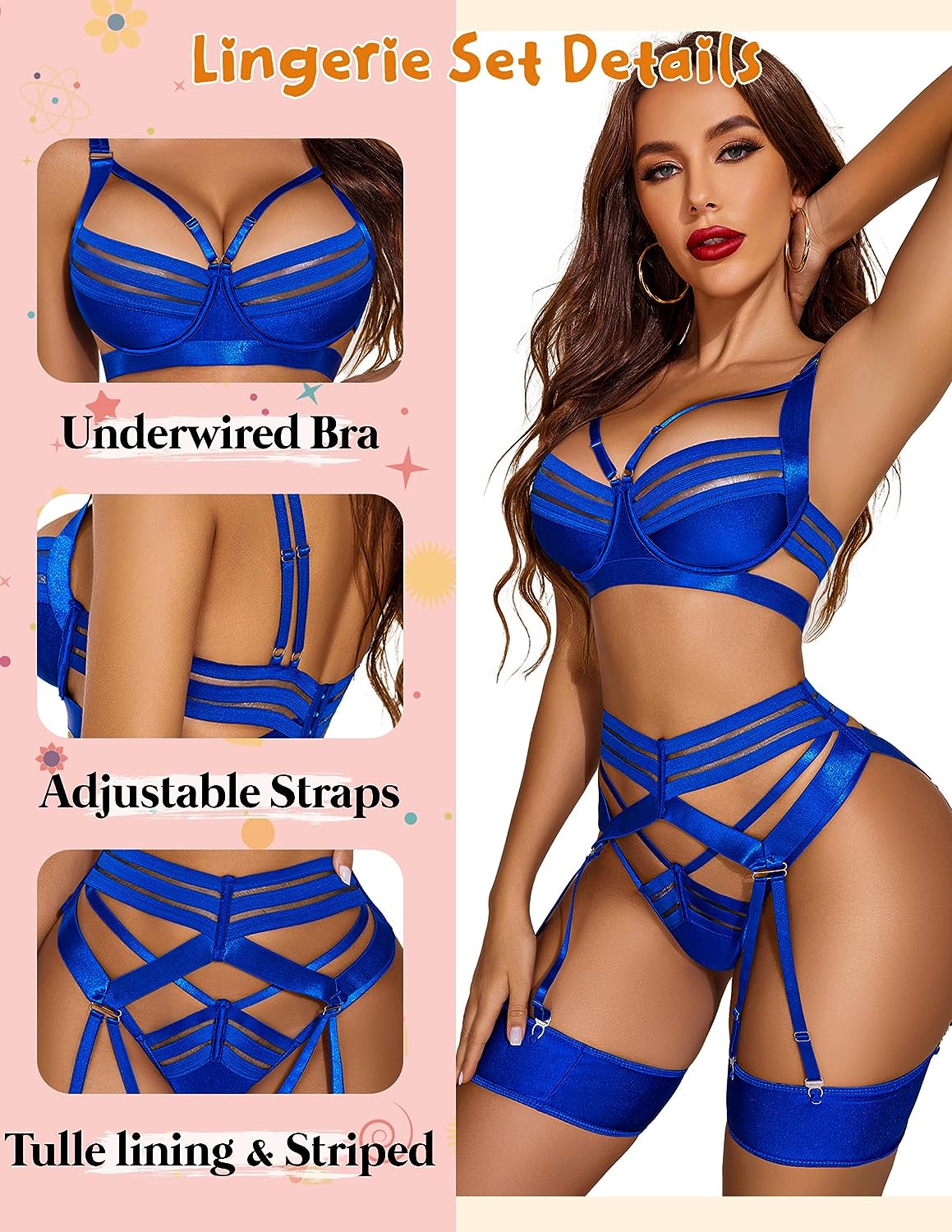 Avidlove Lingerie Set Strappy Lingerie with Underwired Push Up Bra Support Garter Lingerie