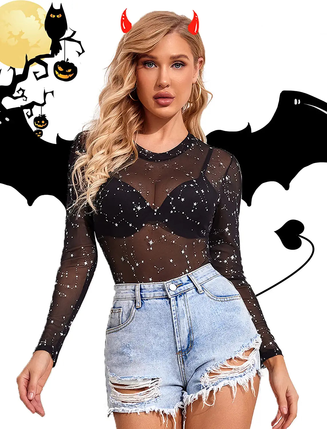 Avidlove Long Sleeve Mesh Bodysuit Round Neck Sheer Leotards Geo Print Bodysuit Top with Snap Crotch