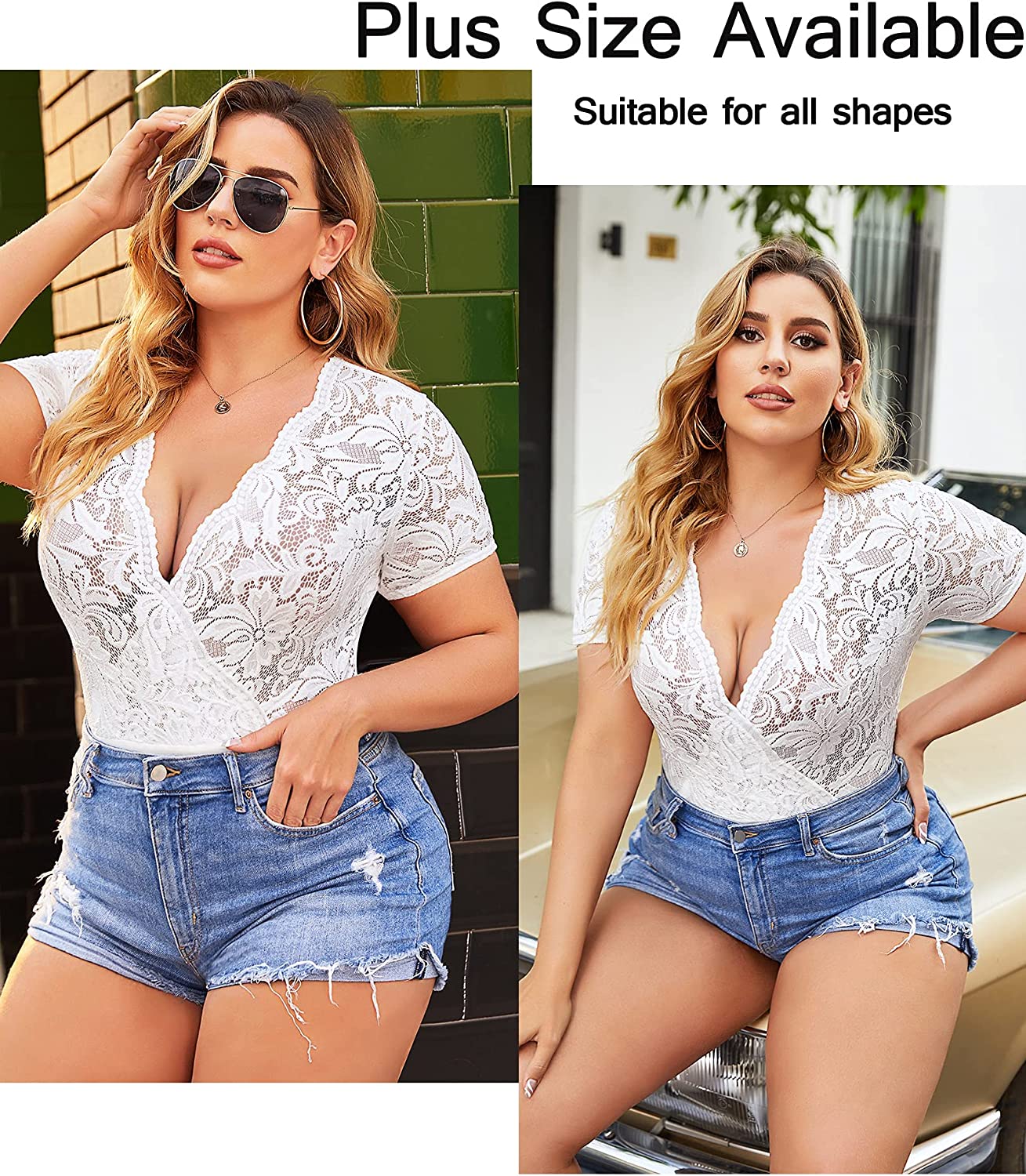 Avidlove Lace Short Sleeve Bodysuit Deep V Snap Crotch Clubwear Tops S-XXL
