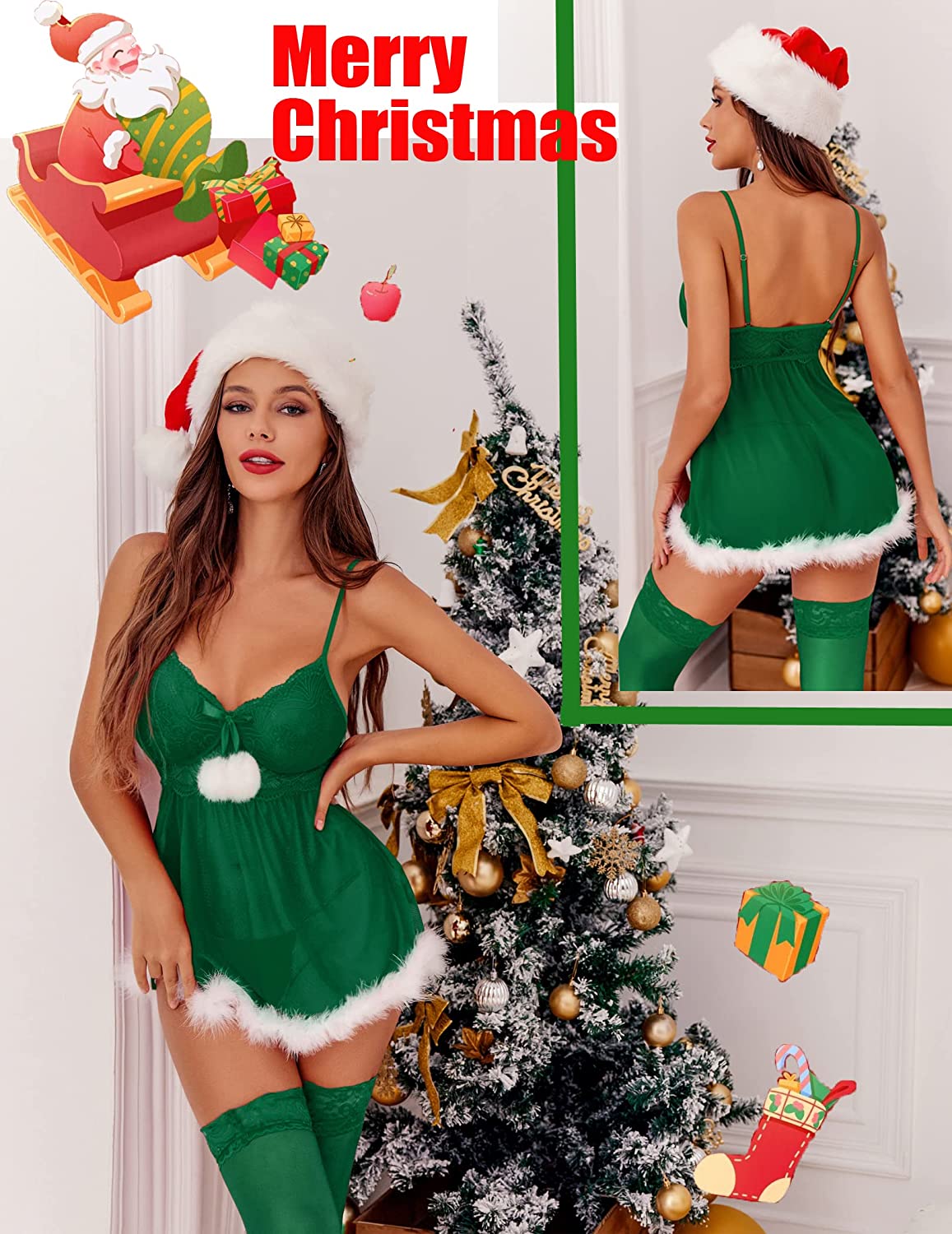 Avidlove Christmas Lingerie Red Santa Babydoll Lace Chemise Sleepwear Dress Christmas dresses for women