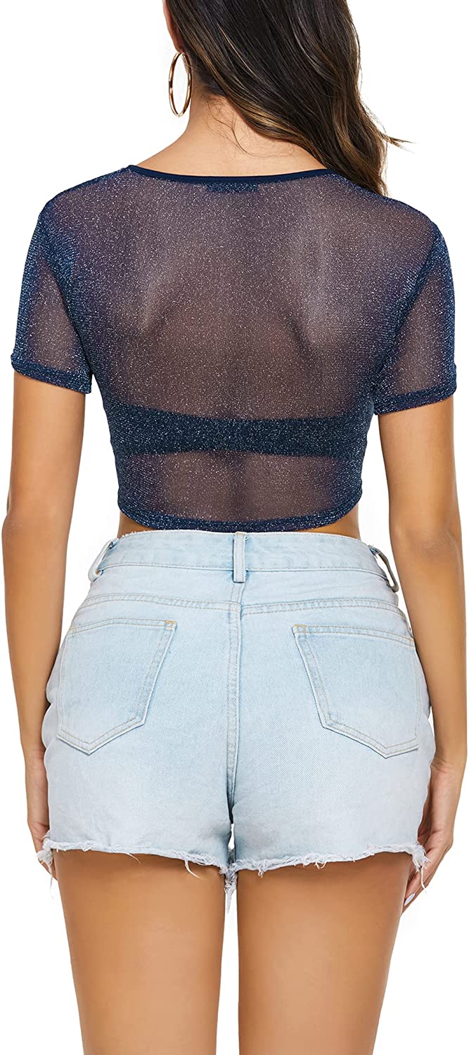 Avidlove Mesh Crop Top for Short Sleeve Bodycon Tees See Through Blouse O Neck Clubwear
