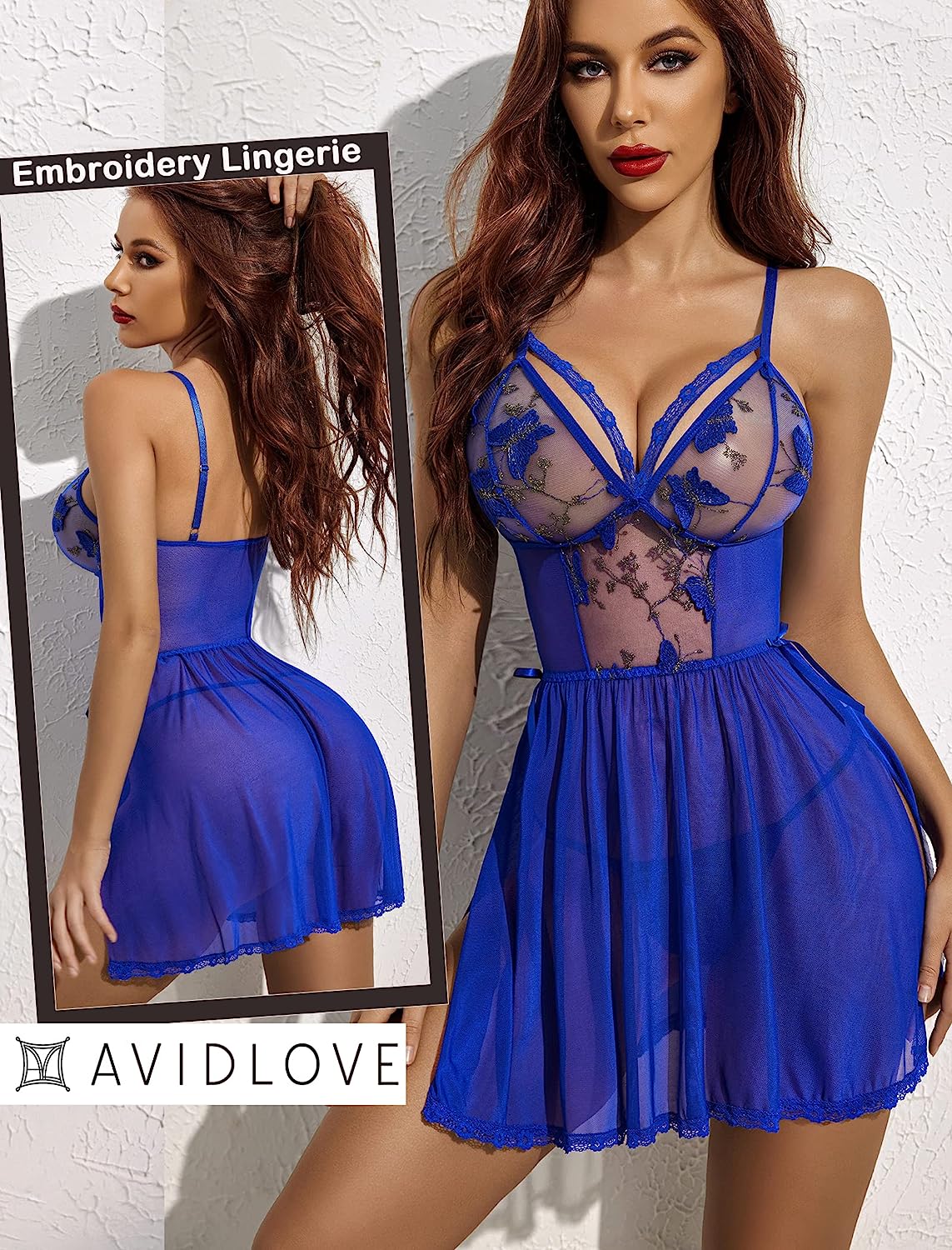 Avidlove Lingerie Lace Chemise Floral Embroidery Mesh Babydoll Side Slit Sleepwear