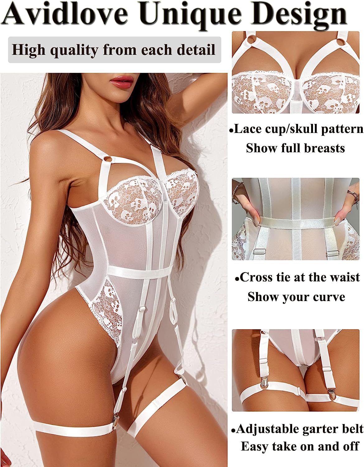 Avidlove Teddy Lingerie for with Garter Belt One Piece Lingerie Naughty Strappy Lingerie Lace Exotic Bodysuit