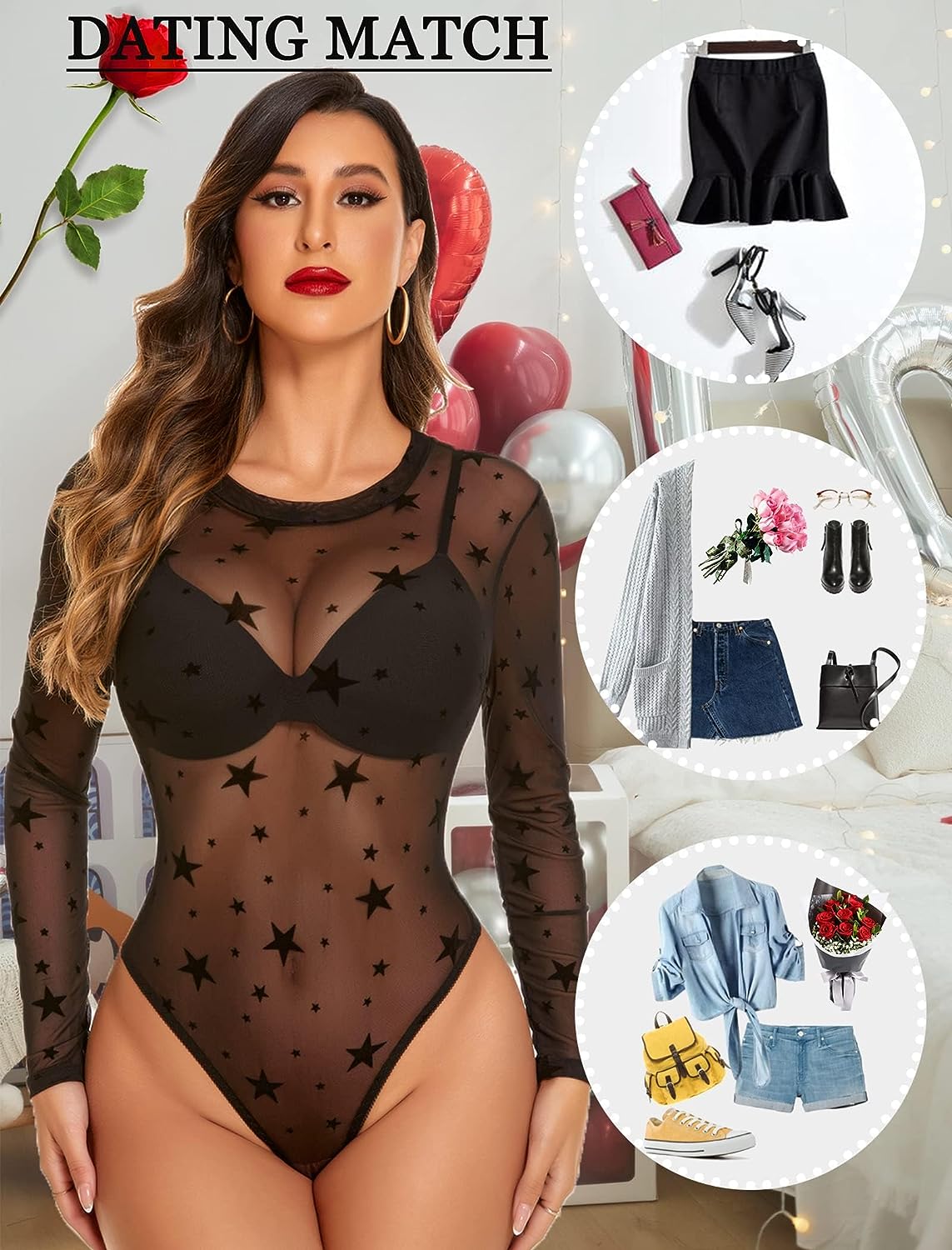 Avidlove Mesh Bodysuit Black Long Sleeve Bodysuit Round Neck Sheer Leotards Bodysuit Tops Snap Crotch