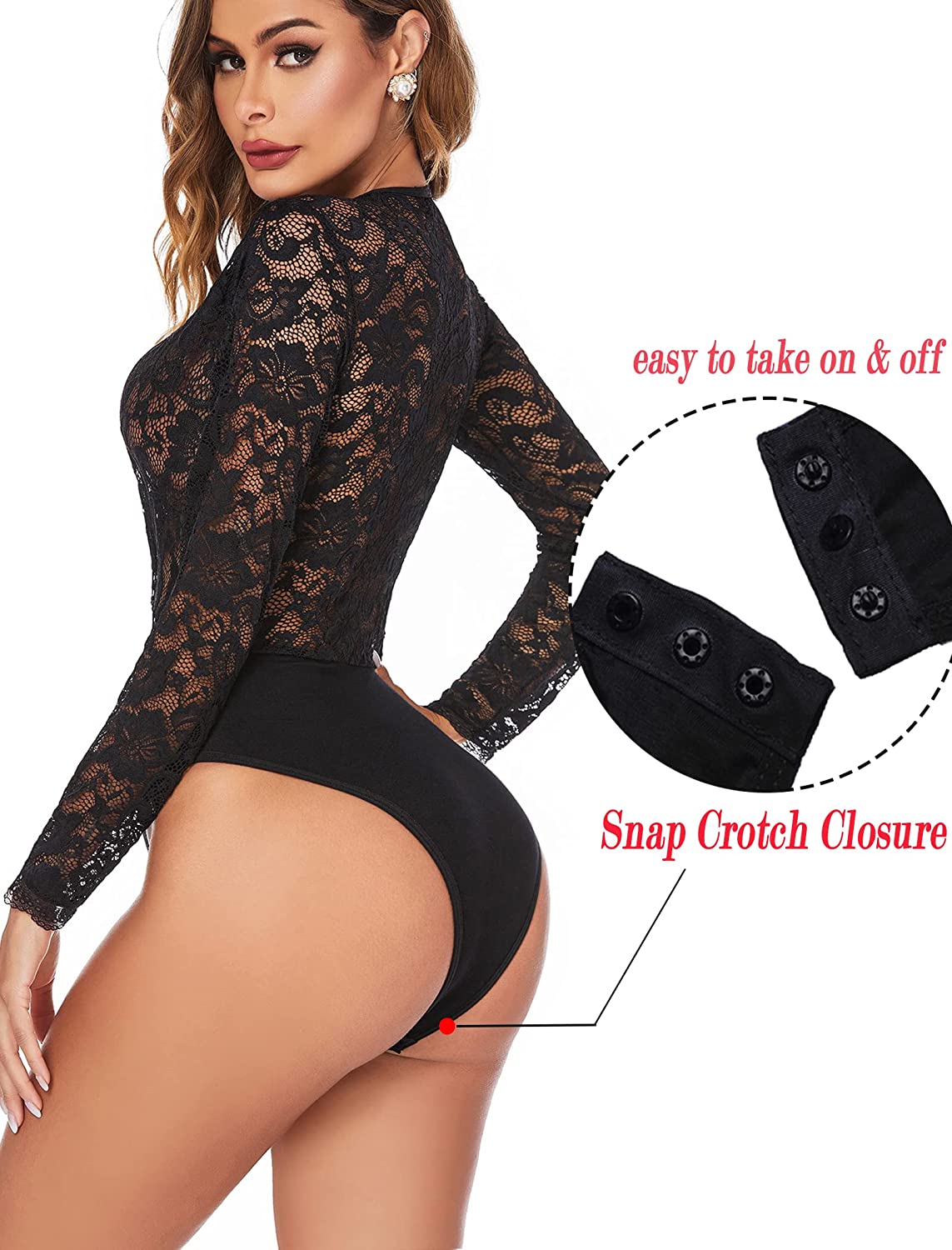 Avidlove Lace Short Sleeve Bodysuit Deep V Snap Crotch Clubwear Tops S-XXL