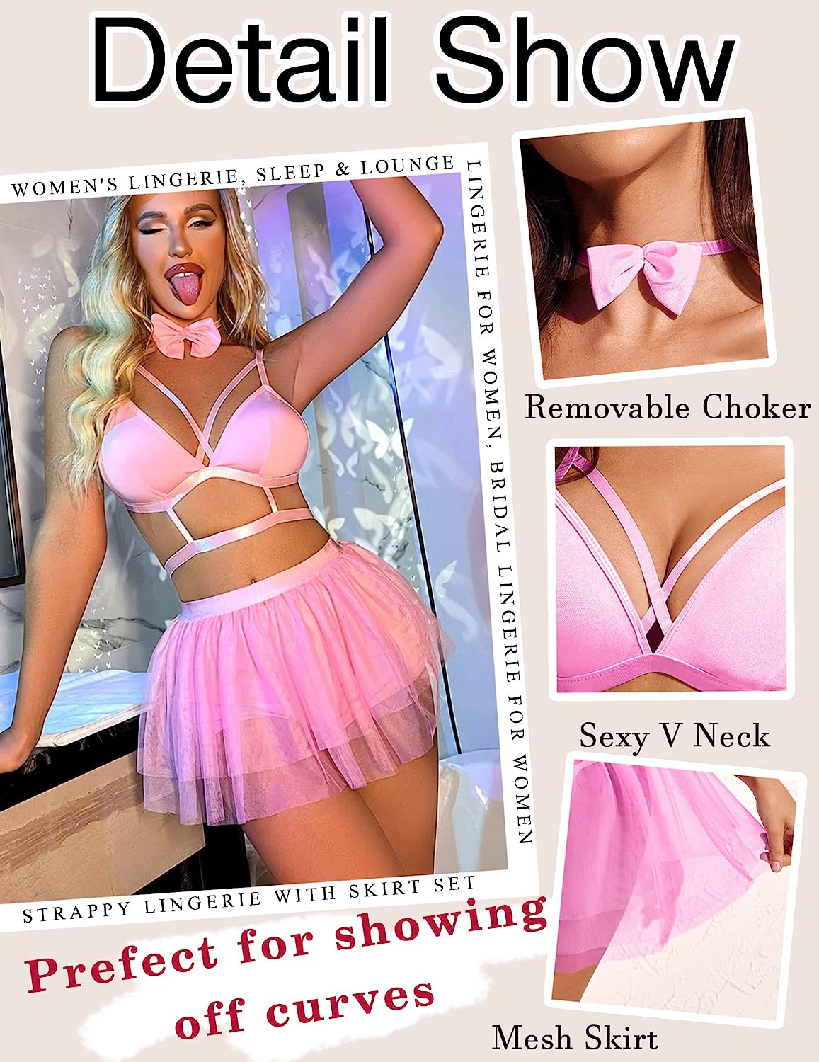 Avidlove Lingerie For Strappy Lingerie With Skirt Set Removable Choker Sleepwear S-XXL