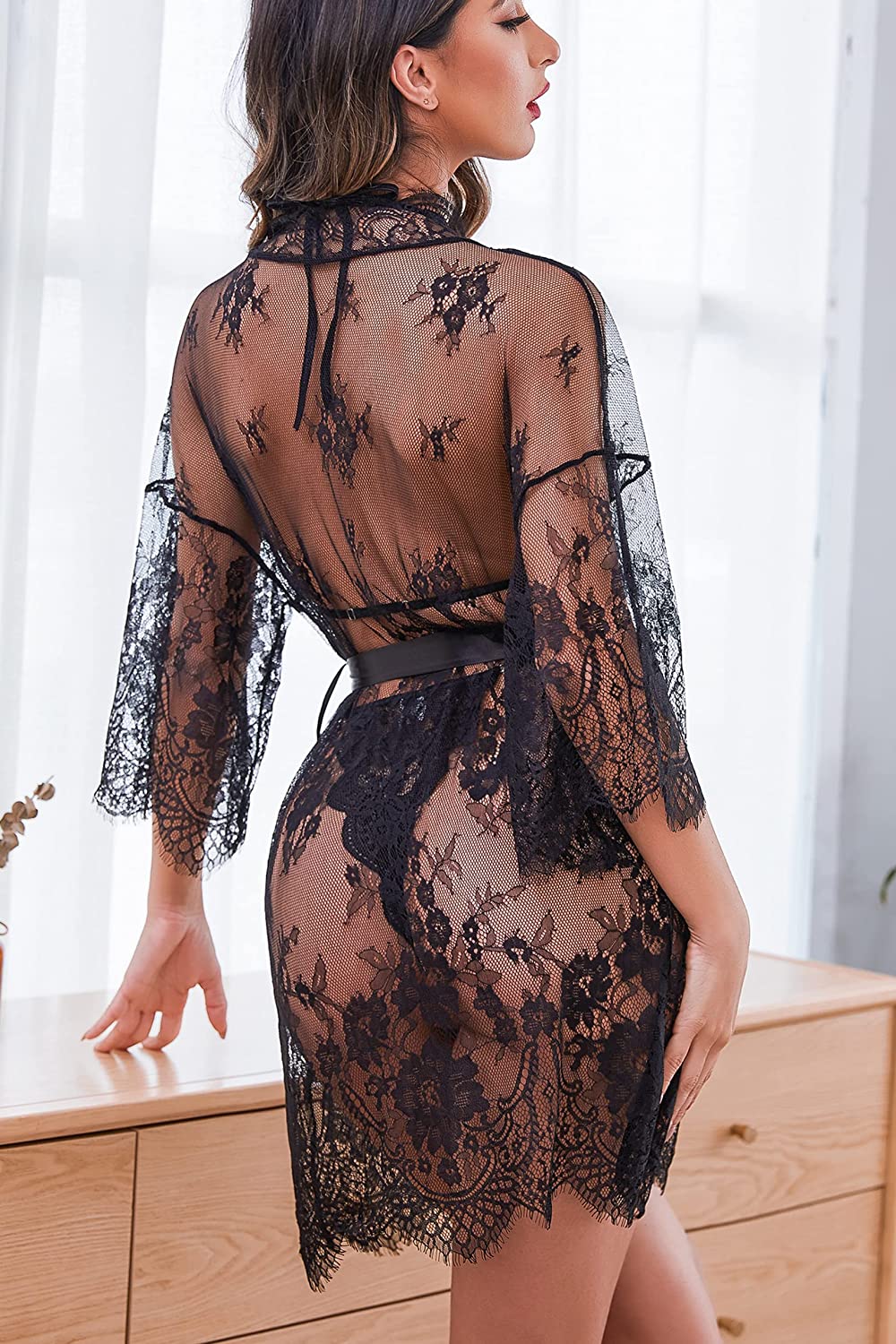 Avidlove Lingerie Set 2 Piece Lace Kimono Robe with Lace Teddy Lingerie Bodysuit