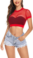 Avidlove Fishnet Crop Top for Short Sleeve Mesh Bikini Pullover Shirt See Through Blouse