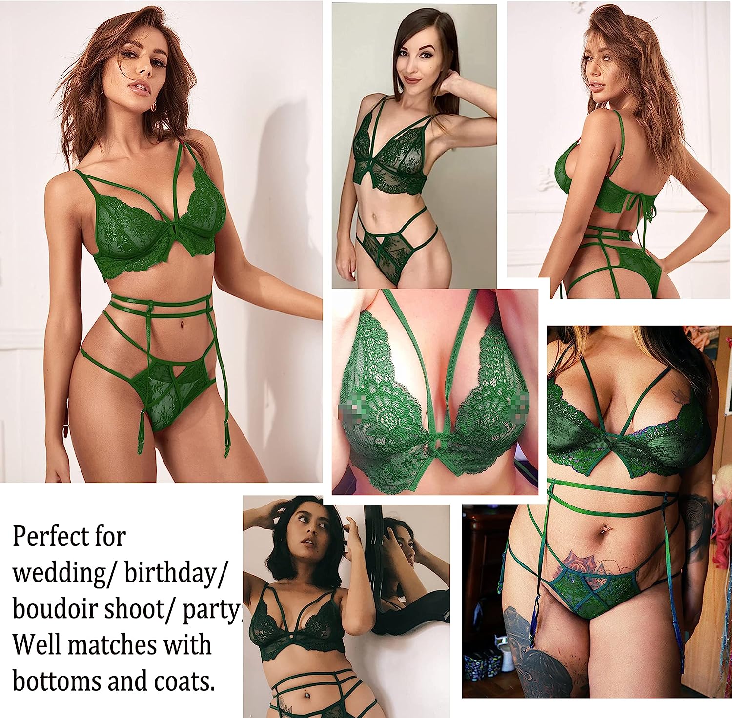 Avidlove Garter Lingerie Set Eyelash Lace Strappy Bra and Panty 3 piece Boudoir Outfits