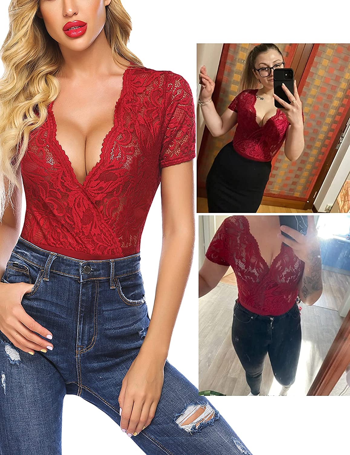 Avidlove Lace Short Sleeve Bodysuit Deep V Snap Crotch Clubwear Tops S-XXL