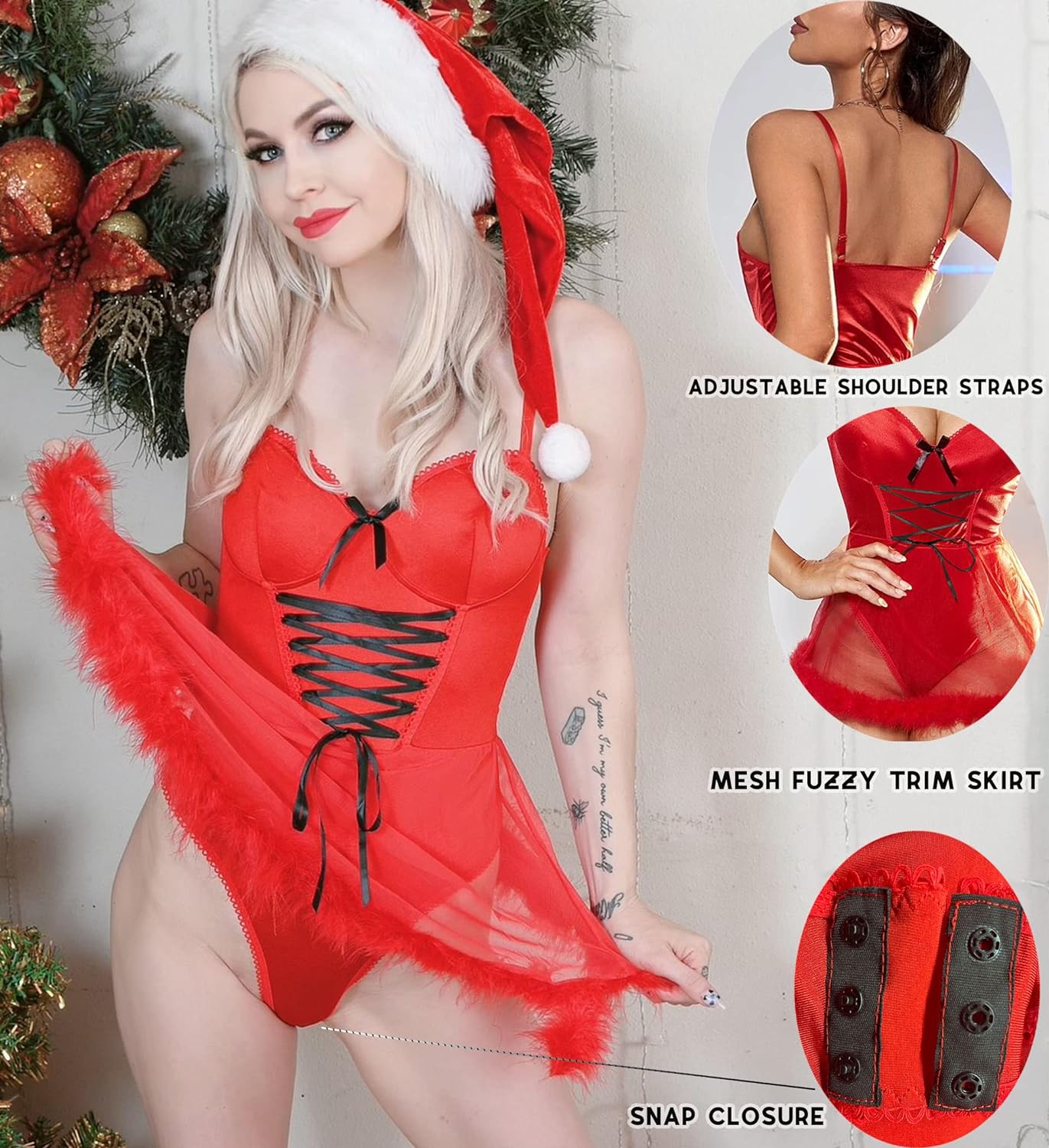 Avidlove Santa Costume for Cute Bow Christmas Dress Snap Crotch Bodysuit One Piece Teddy with Mini Skirt