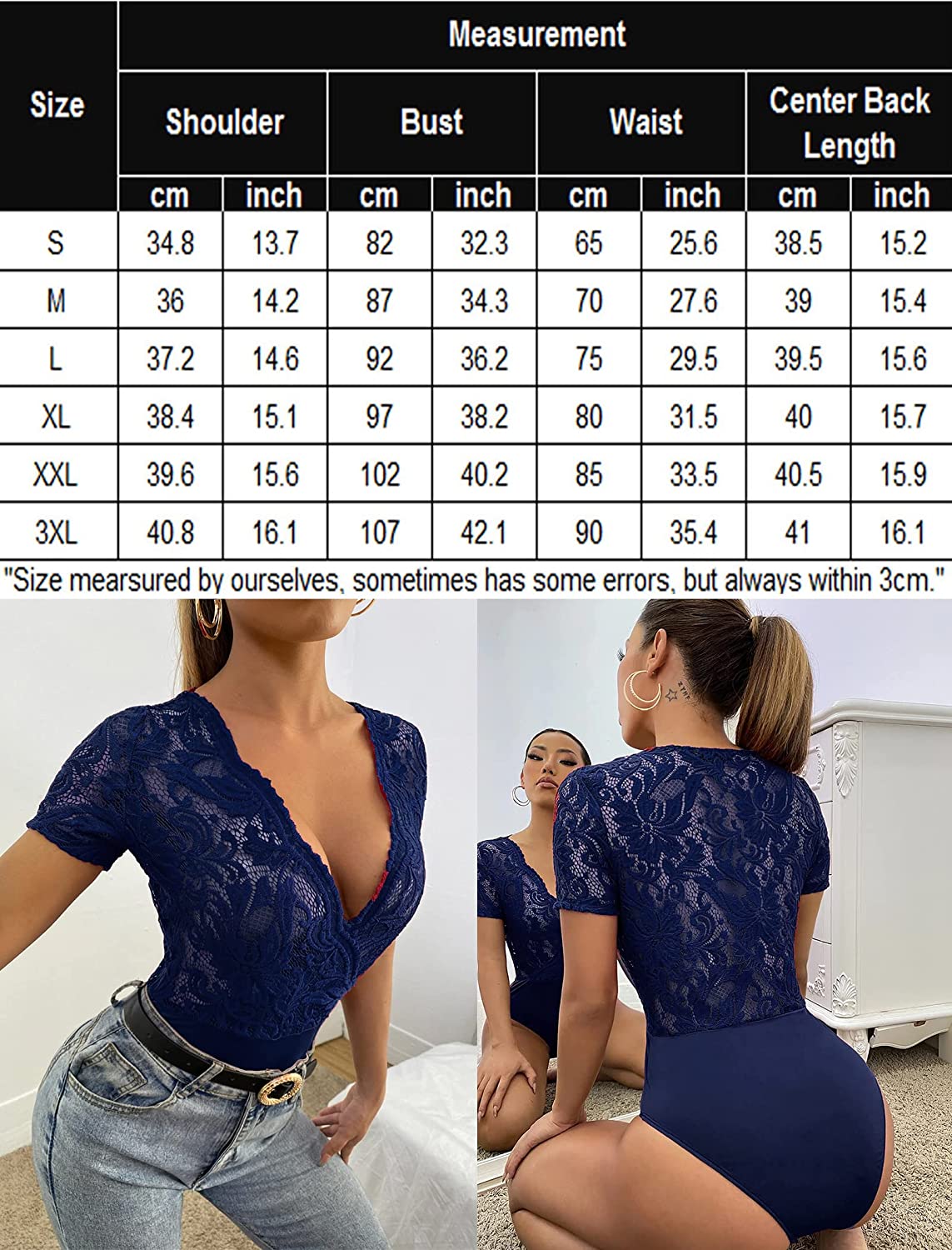 Avidlove Lace Short Sleeve Bodysuit Deep V Snap Crotch Clubwear Tops S-XXL