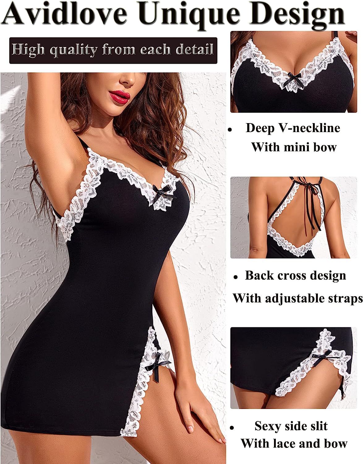 Avidlove Lingerie Lace Babydoll V Neck Sleepwear Cotton Nightgowns for Chemise