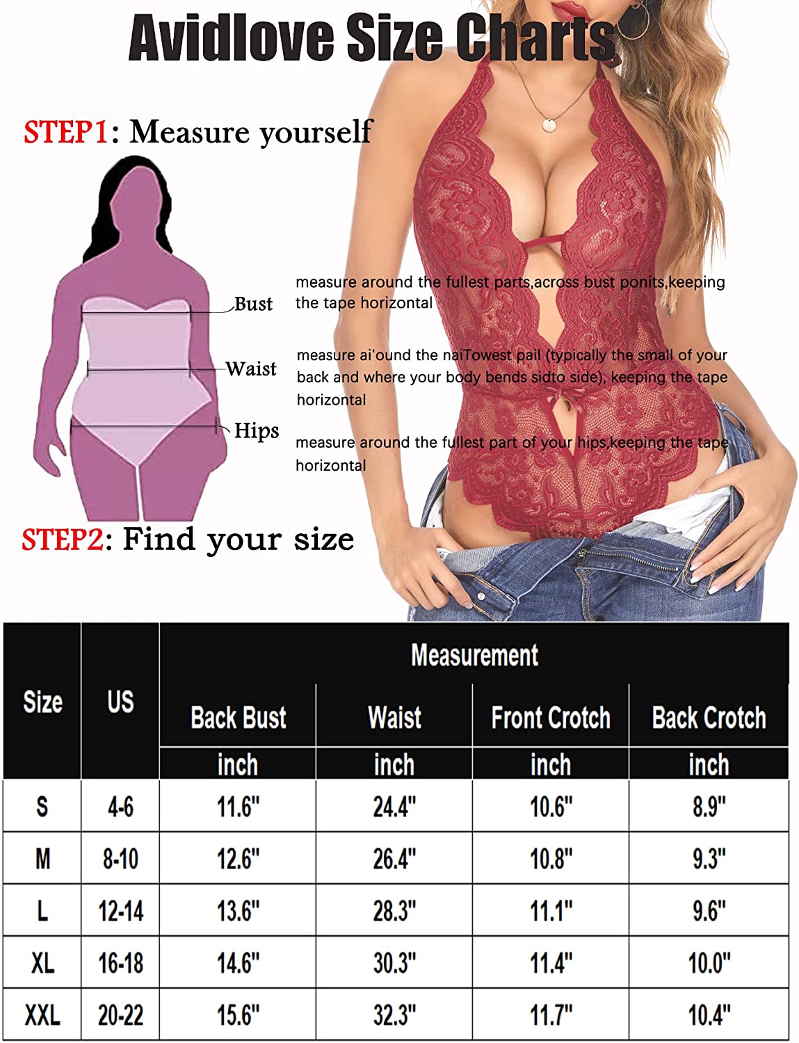 Avidlove Lace Bodysuit Lingerie Snap Crotch Teddy One Piece Babydoll