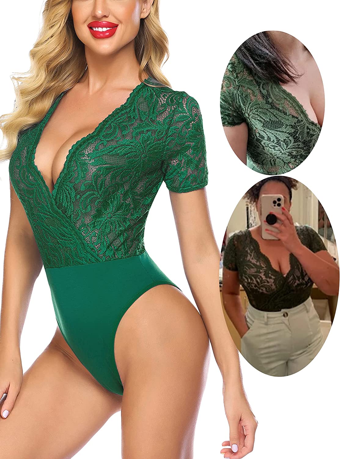 Avidlove Lace Short Sleeve Bodysuit Deep V Snap Crotch Clubwear Tops S-XXL