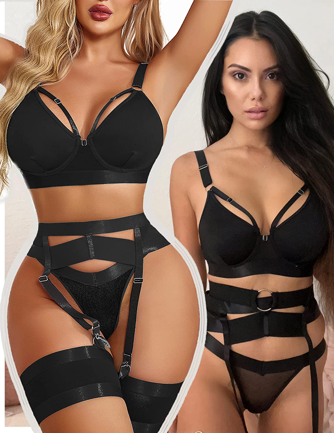Avidlove Lingerie Set for with Underwire Strappy Lingerie Push Up 5 Piece Lingerie Set with Garter