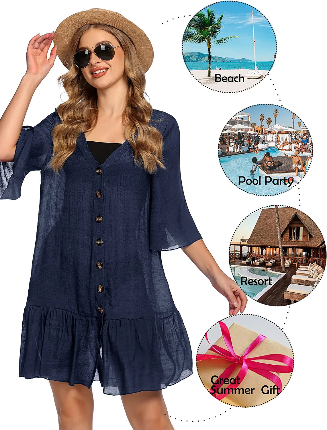 Avidlove Casual Swim Cover up V-Neck Summer Beachwear Coverups Flowy Short Sleeve Mini Beach Dress