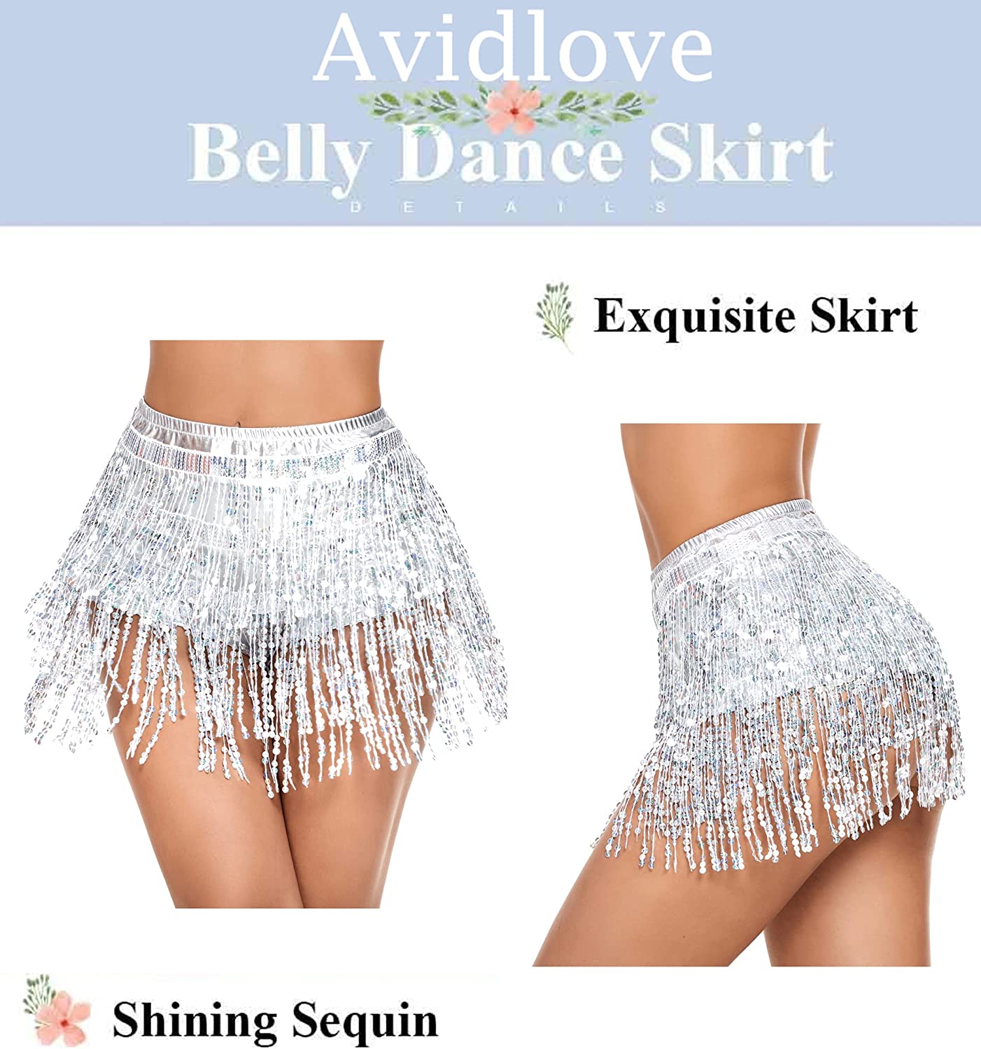Avidlove Sequin Tassel Skirt Belly Dance Belt Dance Performance Skirt Party Rave Skirt for Women