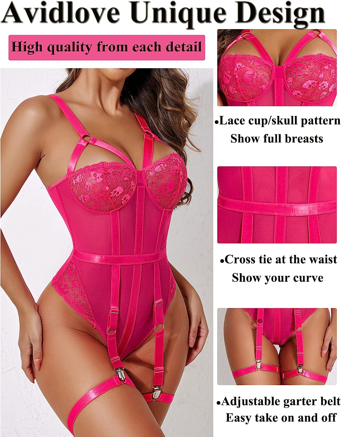 Avidlove Teddy Lingerie for with Garter Belt One Piece Lingerie Naughty Strappy Lingerie Lace Exotic Bodysuit