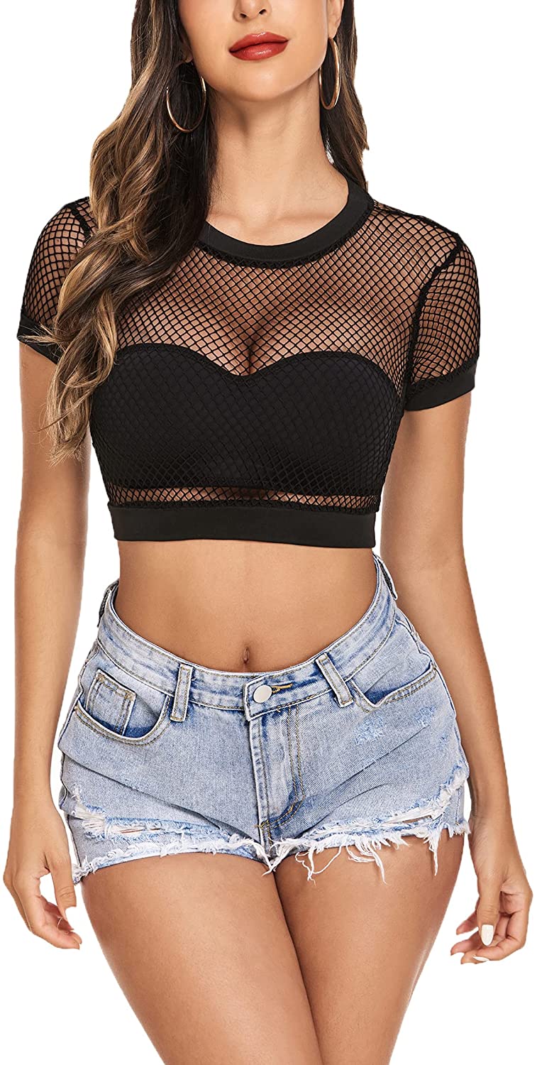 Avidlove Fishnet Crop Top for Short Sleeve Mesh Bikini Pullover Shirt See Through Blouse