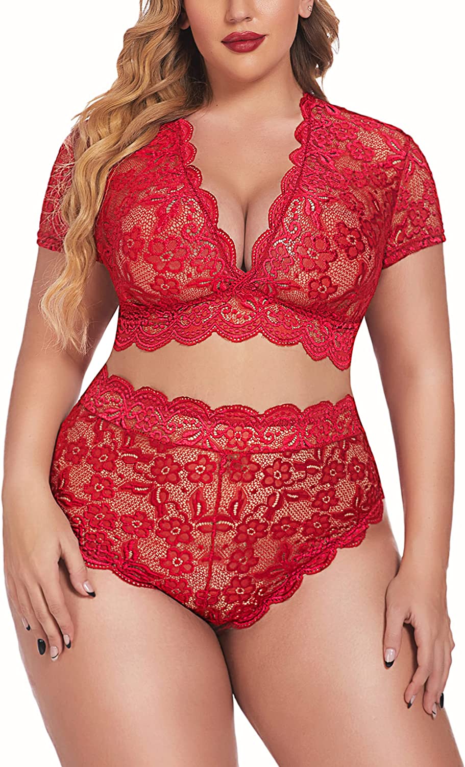 Avidlove Plus Size Lingerie Plus Floral Lace Scallop Trim Lingerie Set Deep V Allover Lace Bra Panties Set Clubwear