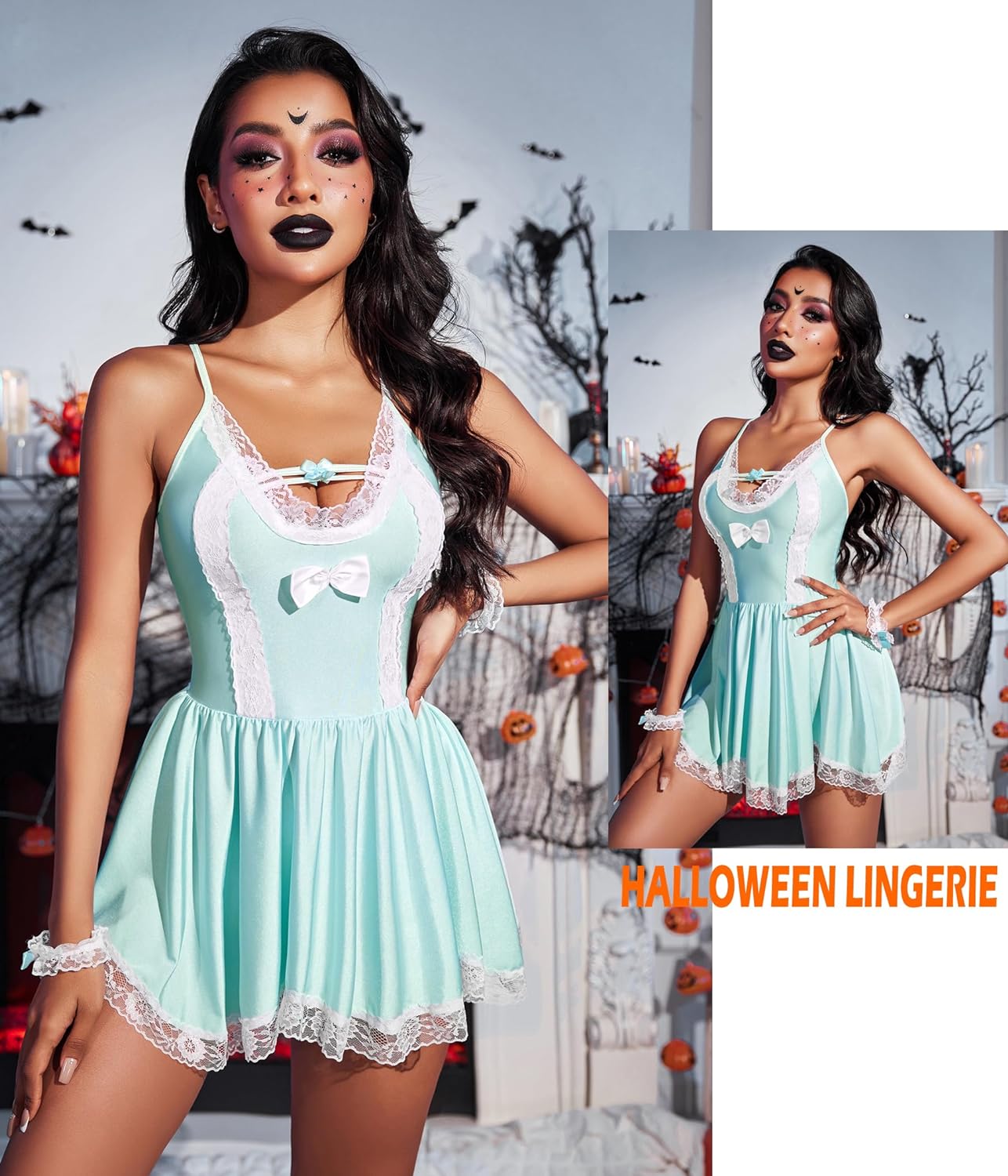 Avidlove Maid Costume Cosplay Lingerie Set Mesh Chemise Babydoll Lace Roleplay Outfit 4 Piece Strap Nightwear