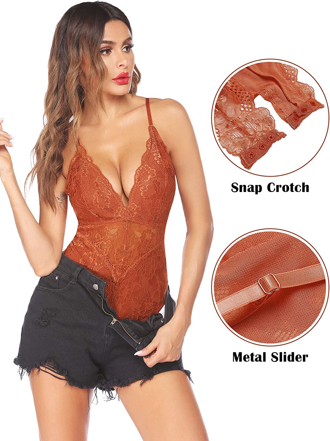 Avidlove Snap Crotch Lingerie Lace Bodysuit Deep V Teddy One Piece Lace Babydoll