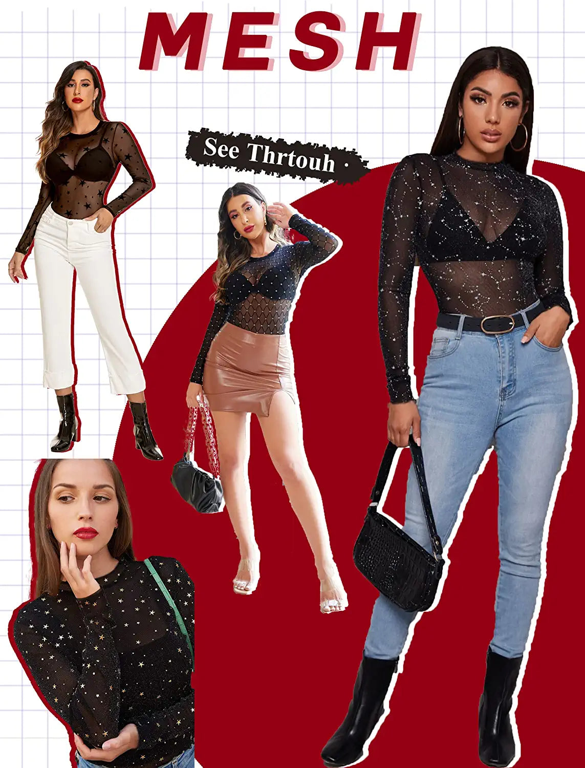 Avidlove Long Sleeve Mesh Bodysuit Round Neck Sheer Leotards Geo Print Bodysuit Top with Snap Crotch