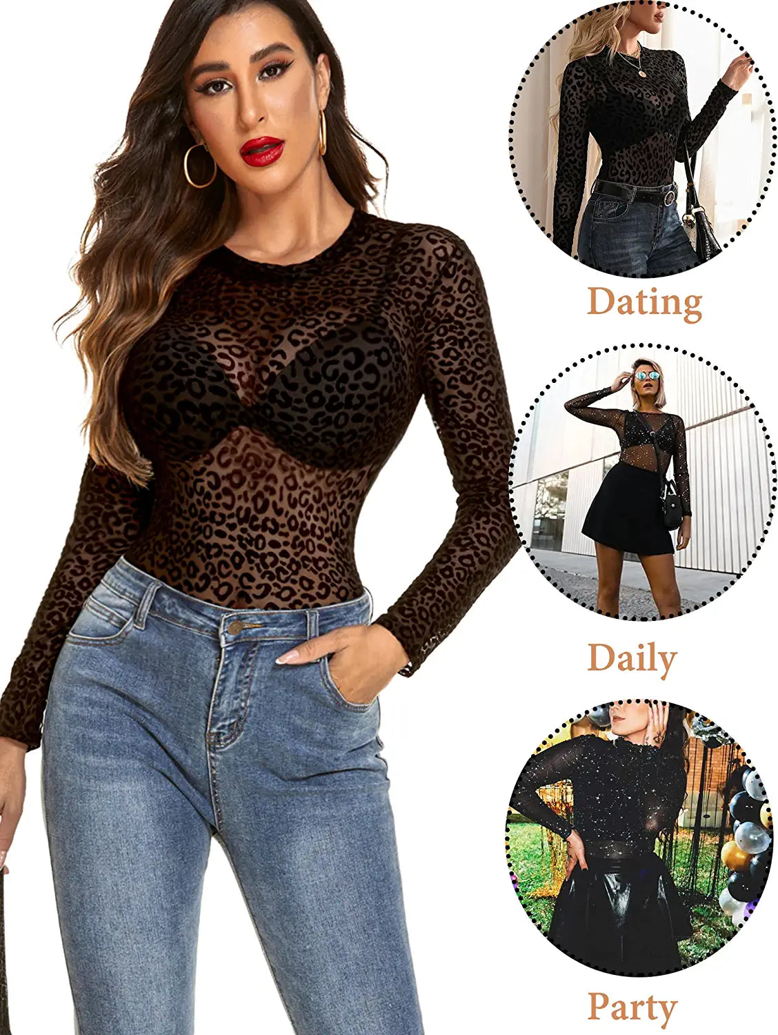 Avidlove Long Sleeve Mesh Bodysuit Round Neck Sheer Leotards Geo Print Bodysuit Top with Snap Crotch