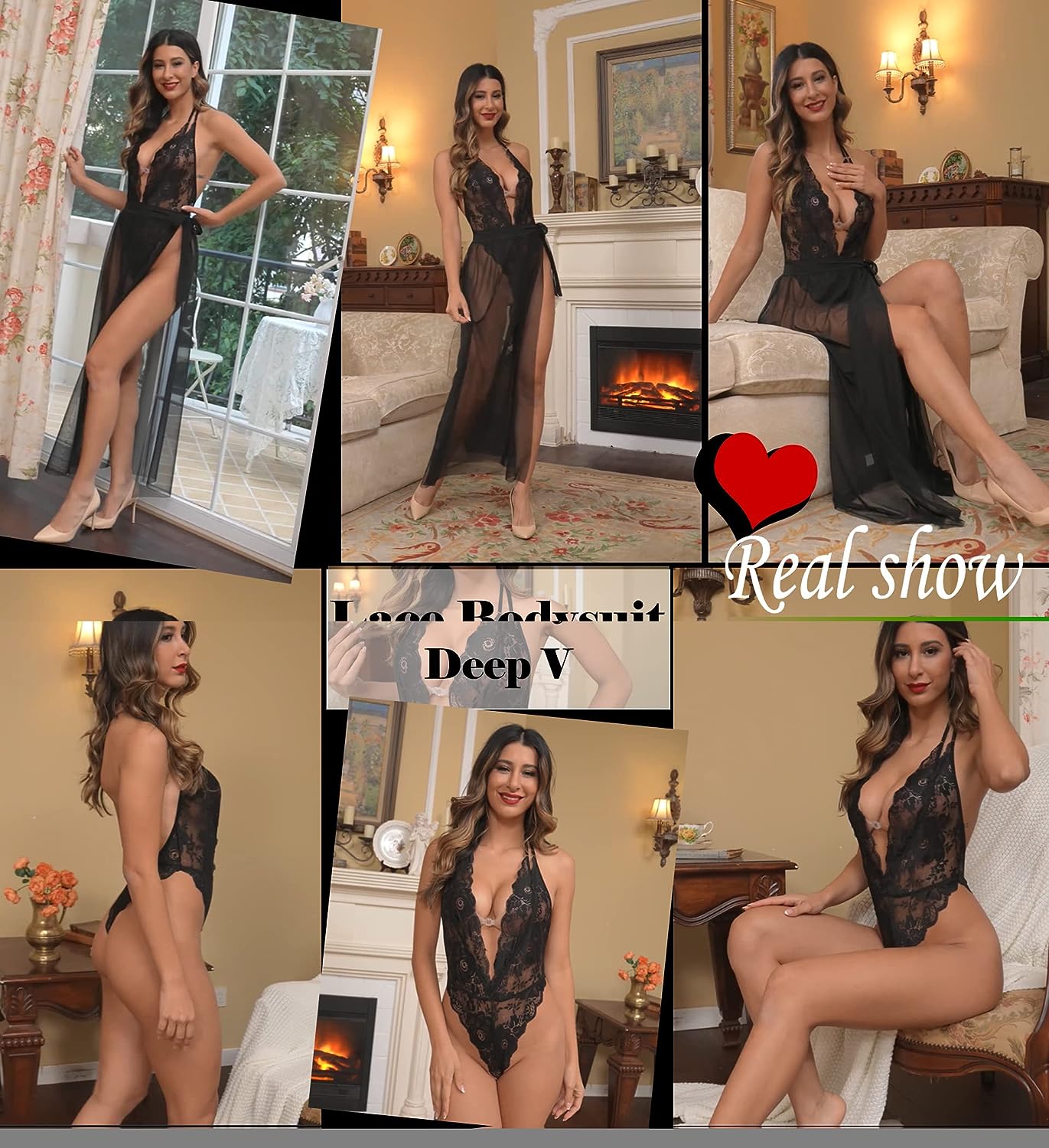 Avidlove Lingerie Nightgowns Deep V Lace Bodysuit Mosaic Lace Teddy Mesh Skirt