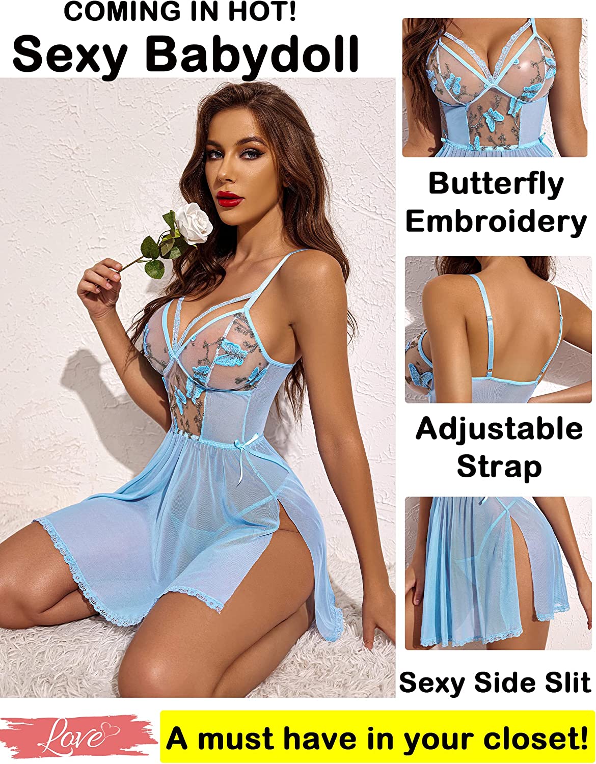 Avidlove Lingerie Lace Chemise Floral Embroidery Mesh Babydoll Side Slit Sleepwear