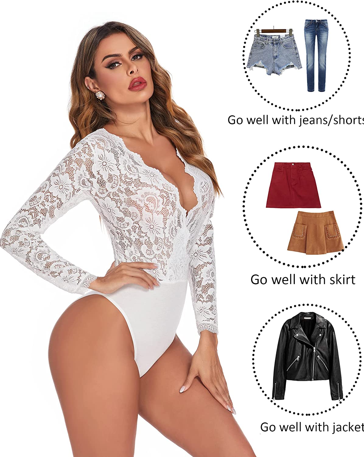 Avidlove Lace Short Sleeve Bodysuit Deep V Snap Crotch Clubwear Tops S-XXL