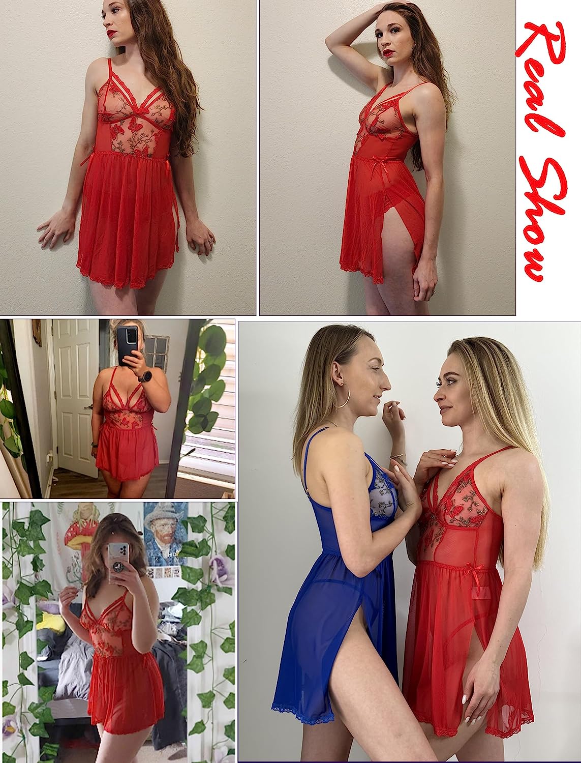 Avidlove Lingerie Lace Chemise Floral Embroidery Mesh Babydoll Side Slit Sleepwear