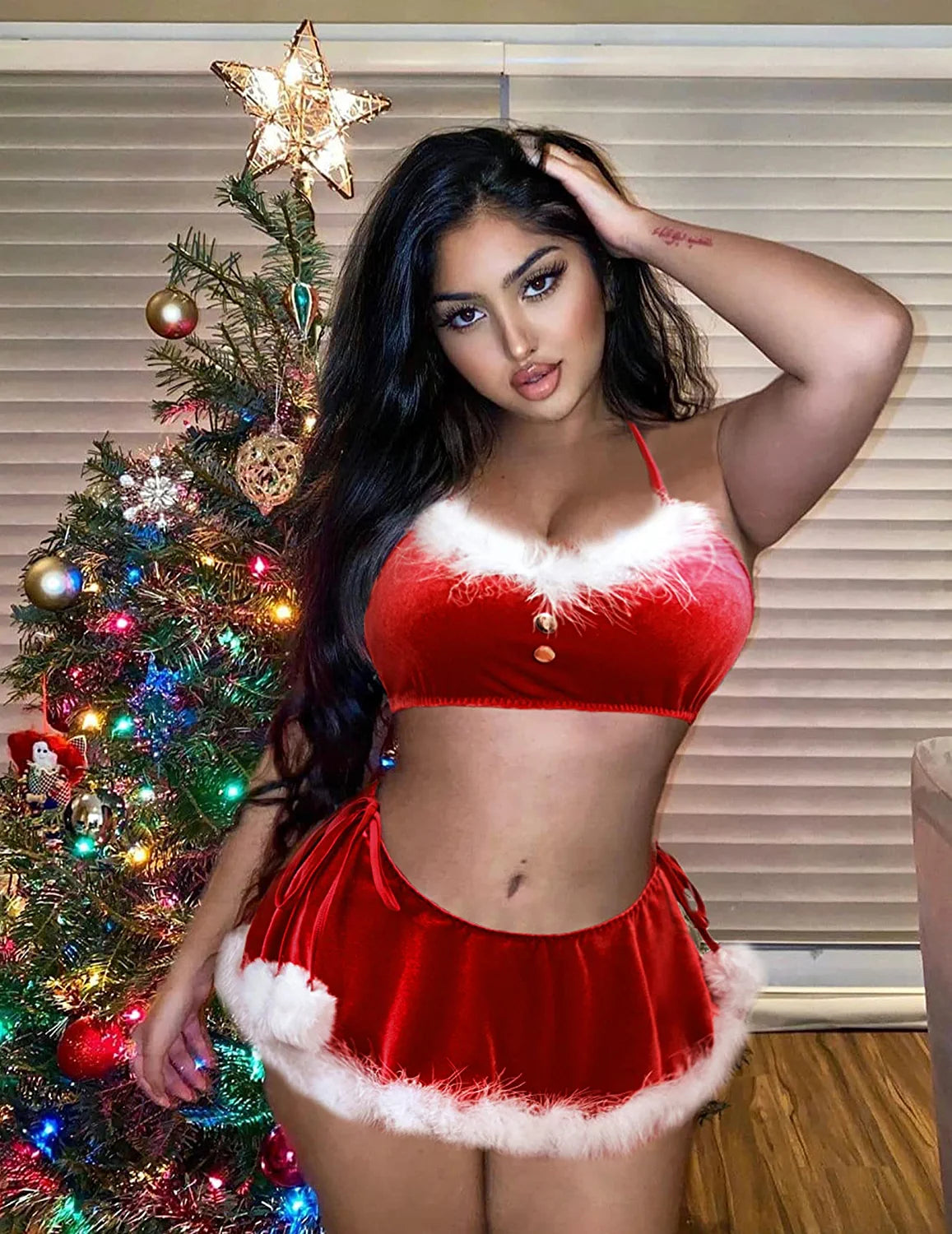 Avidlove Christmas Lingerie Velvet Santa Lingerie 3 Piece New Years Lingerie Set