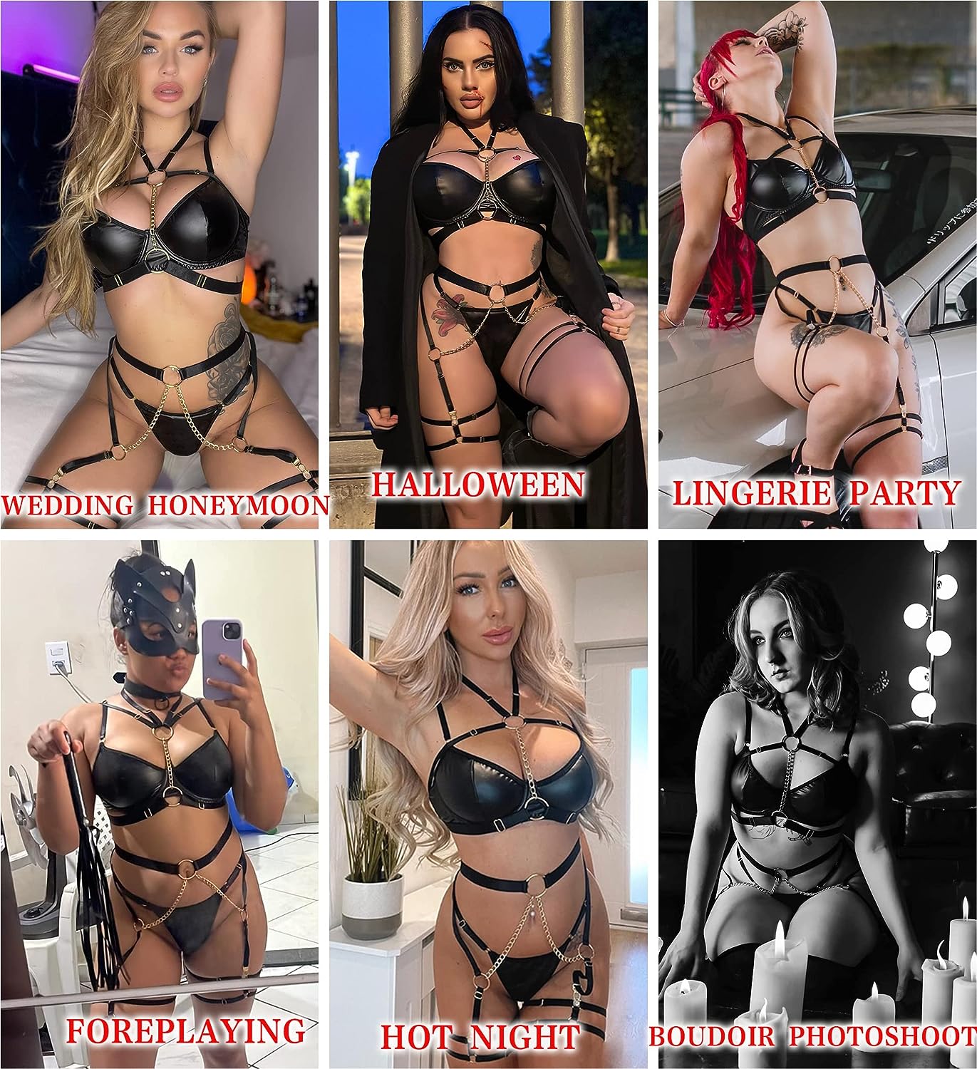 Avidlove Lingerie Set Strappy 5 Piece Lingerie Garter with Underwire Push Up Bra and Chain