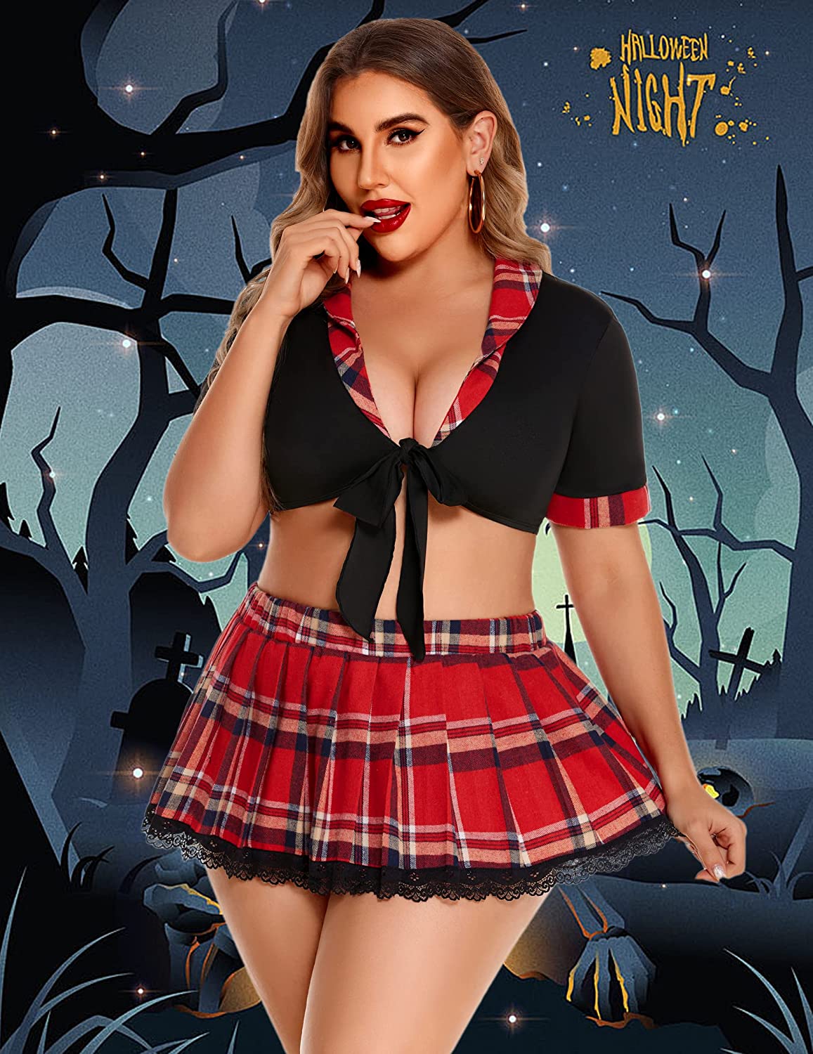 Avidlove Lingerie for Plus Size School Girl Lingerie Role Playing Outfit with Tie Top and Mini Pleated Skirt